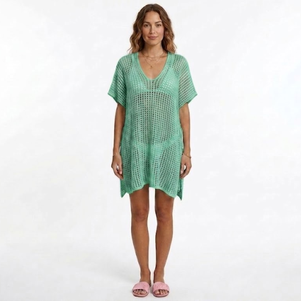 Tunique de Plage Women's Beach Cover Up en Maille Crochetée à Manches Courtes