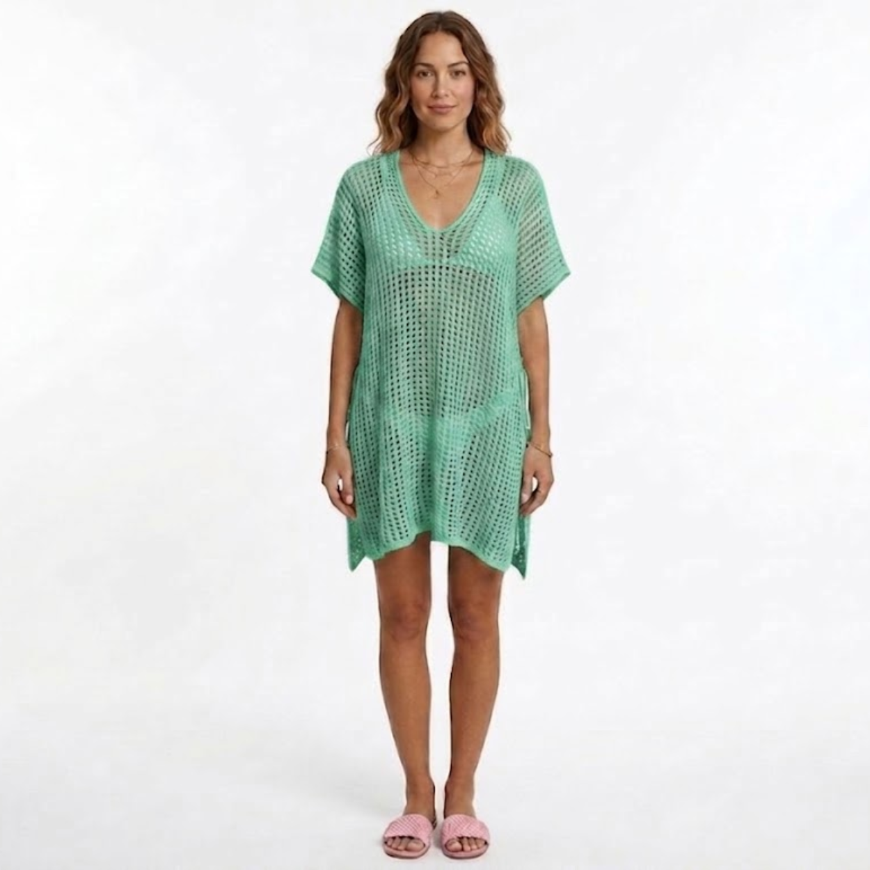 Tunique de Plage Women's Beach Cover Up en Maille Crochetée à Manches Courtes