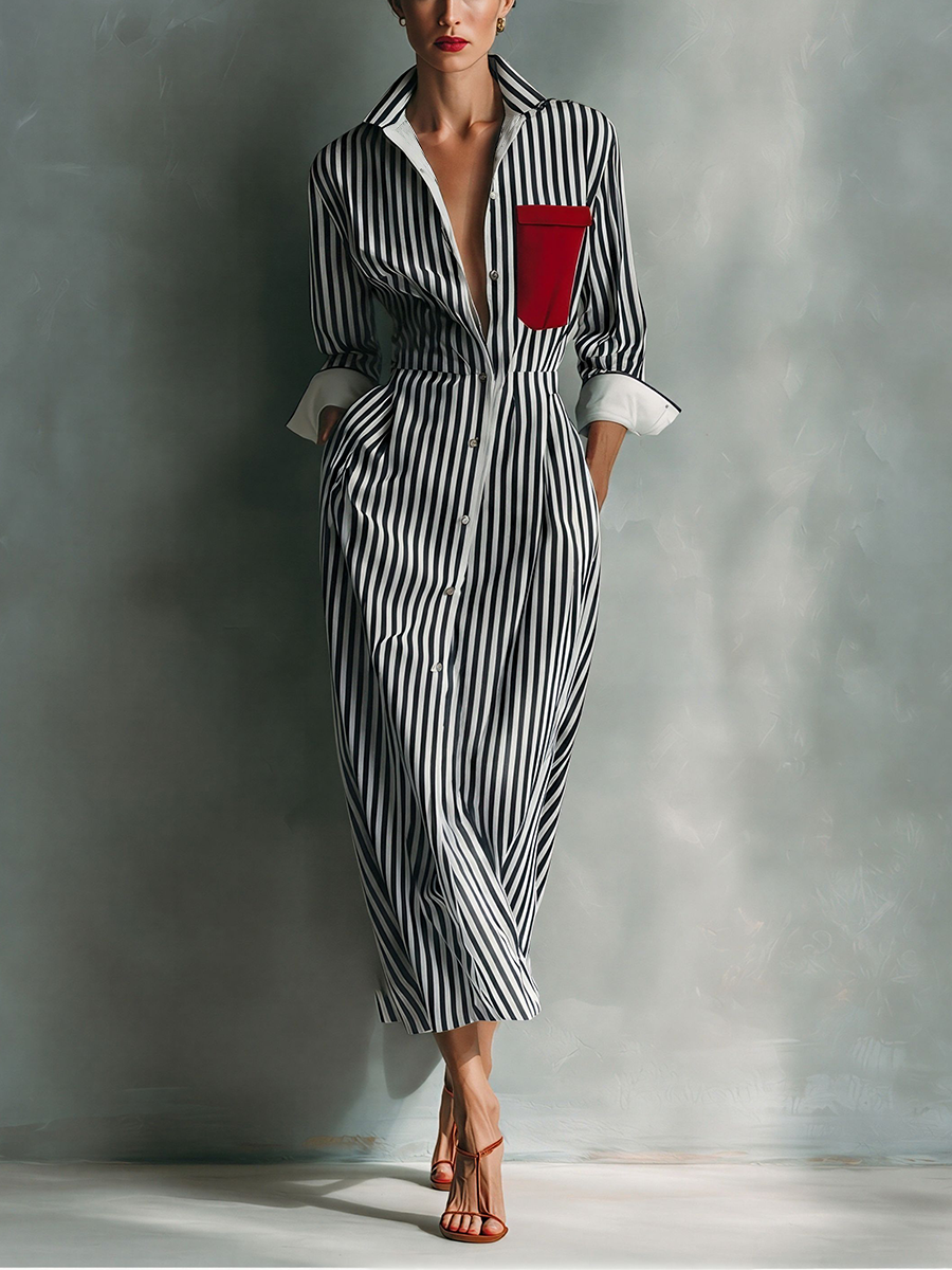 Robe chemise pour femmes en bleu et blanc avec poche poitrine rouge