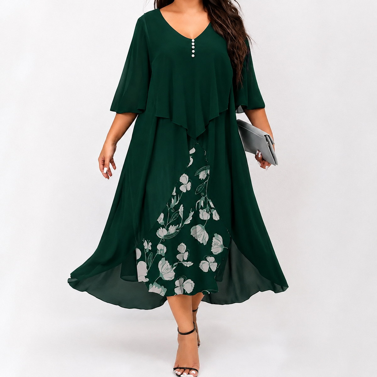 Maries | Robe midi en chiffon à superpositions avec jupe florale