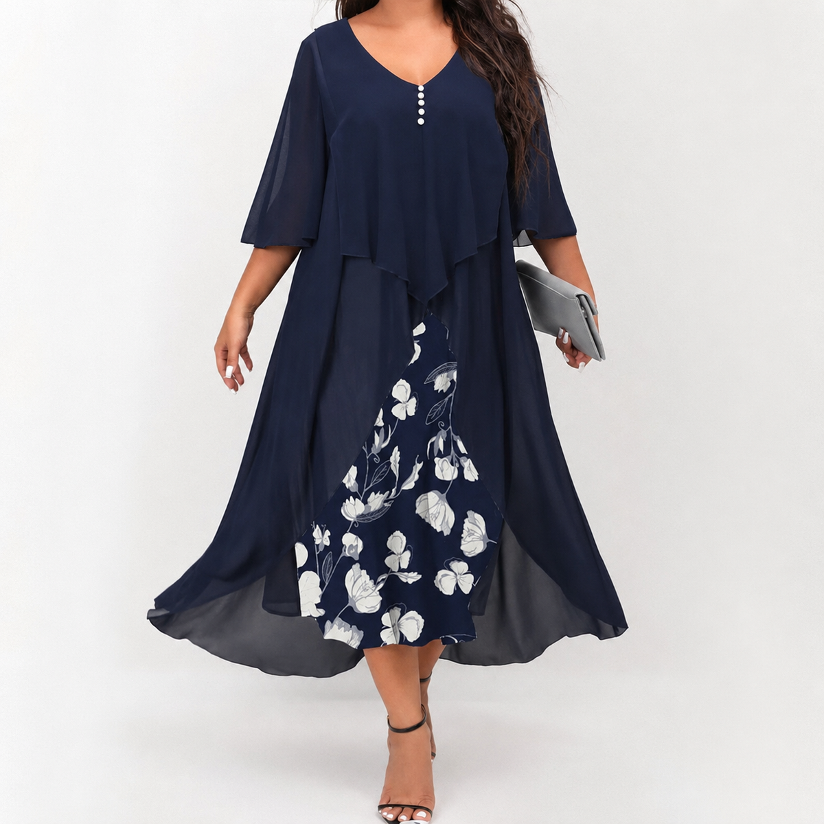 Maries | Robe midi en chiffon à superpositions avec jupe florale