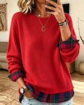Pull Col Rond Carreau Patchwork Fausse Deux Pièces