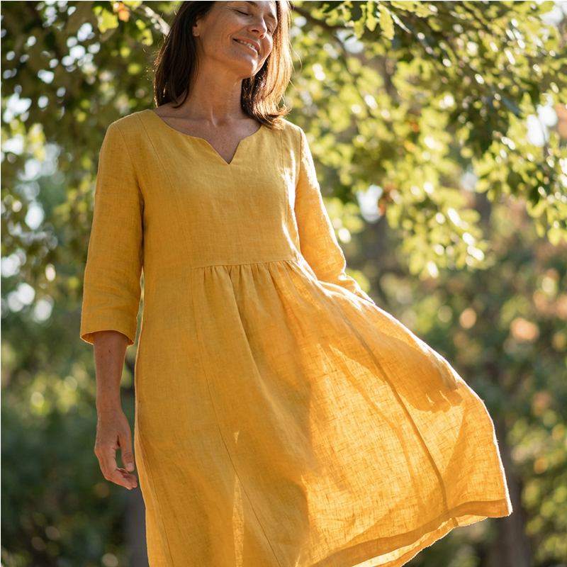 Robe de loisirs à décolleté en V pour femmes avec manches 3/4 et poches