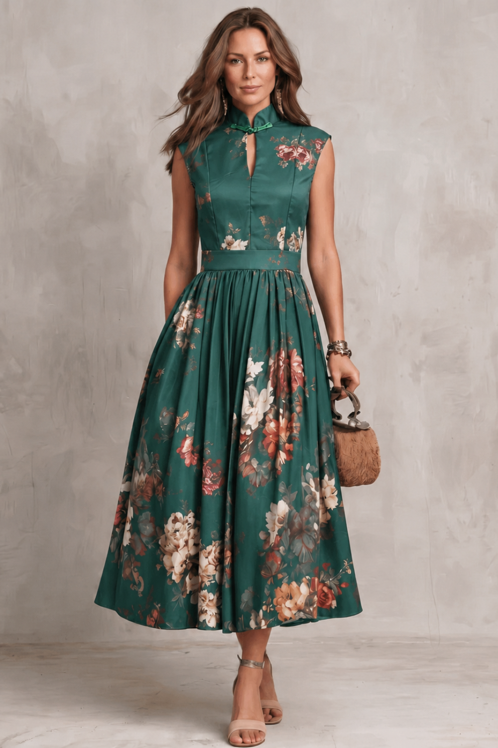 Noirelle | Robe fleurie midi sans manches pour femmes