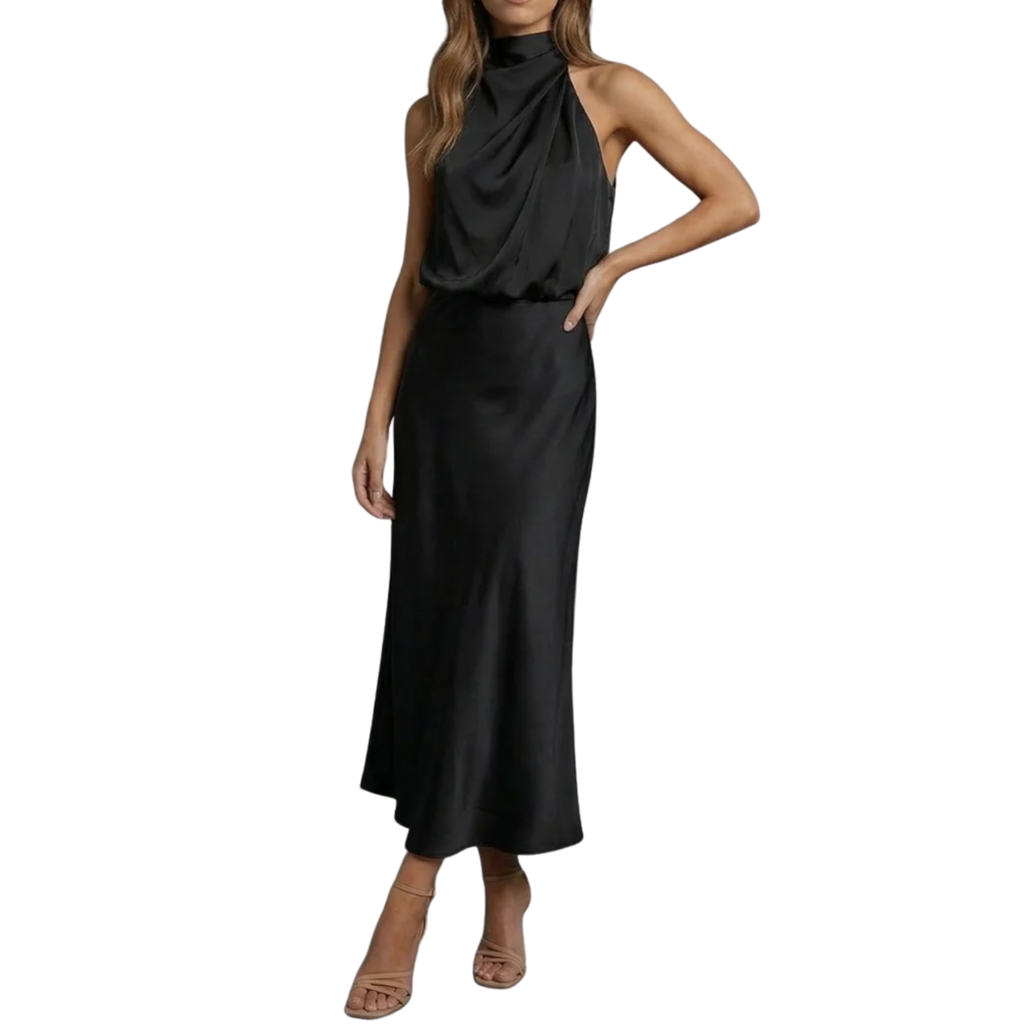 Robe de Soirée Wedding Guest Dress Satinée à Dos Nu et Encolure Américaine