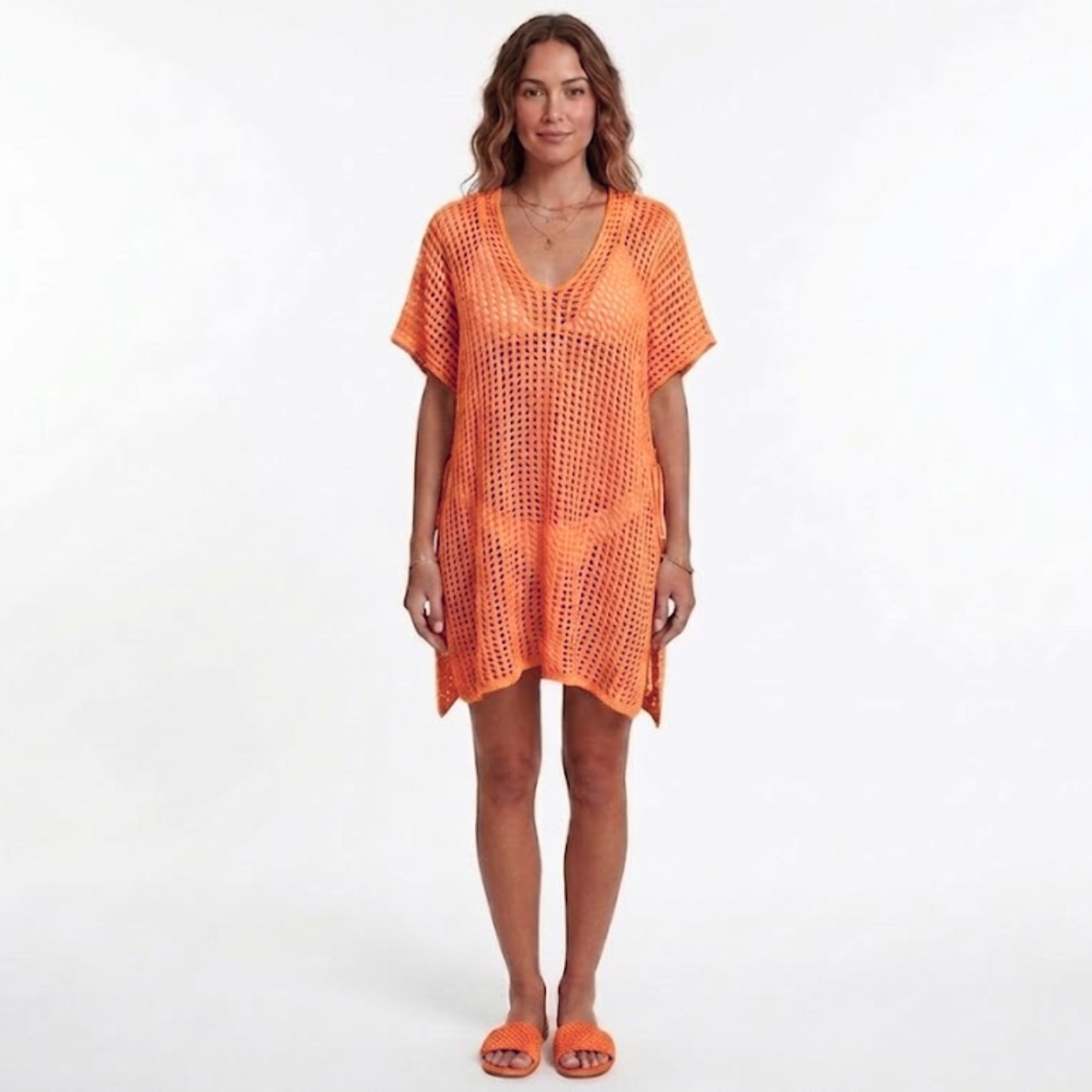 Tunique de Plage Women's Beach Cover Up en Maille Crochetée à Manches Courtes