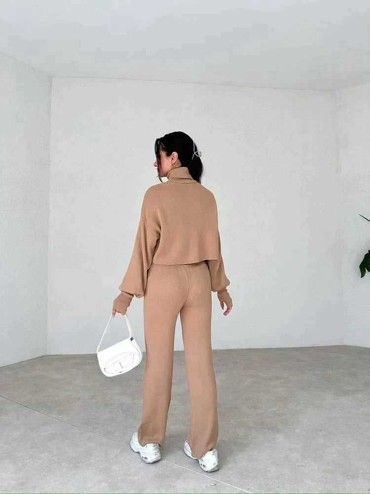 Ensemble Femme Deux Pièces Pull Col Montant Oversize Pantalon Droit