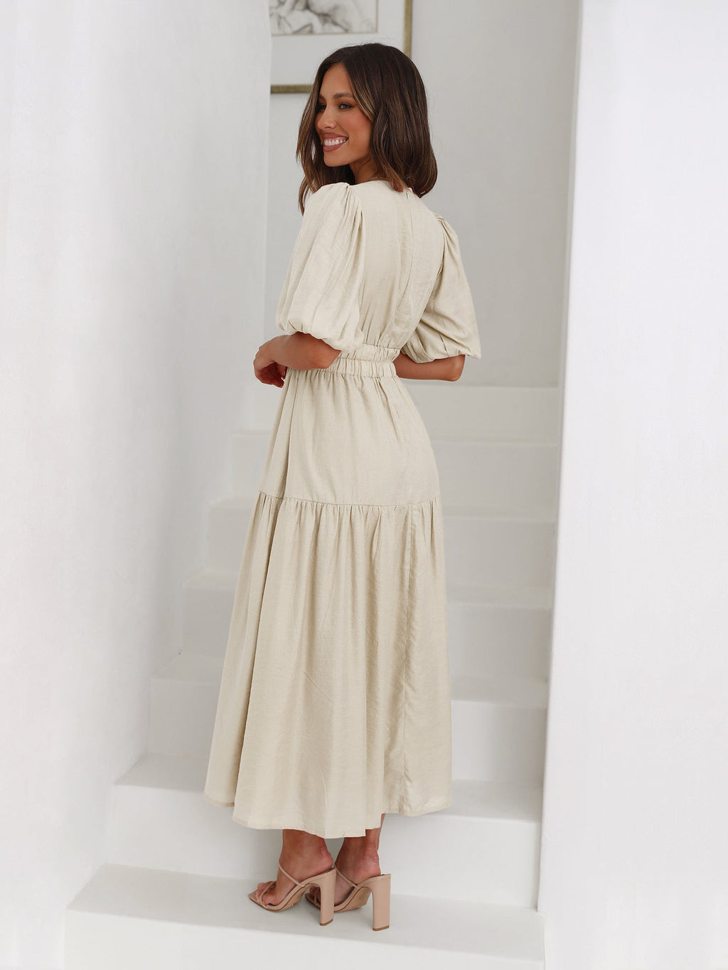 Robe Cocktail Midi Femme | Col V Froncé