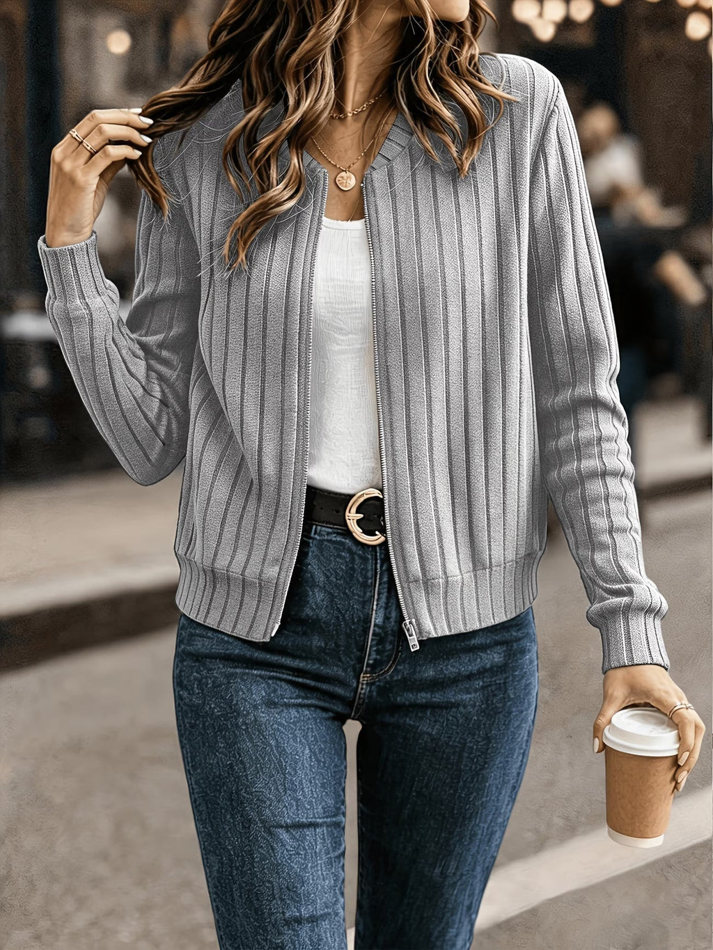Cardigan femme côtelé avec fermeture zippée
