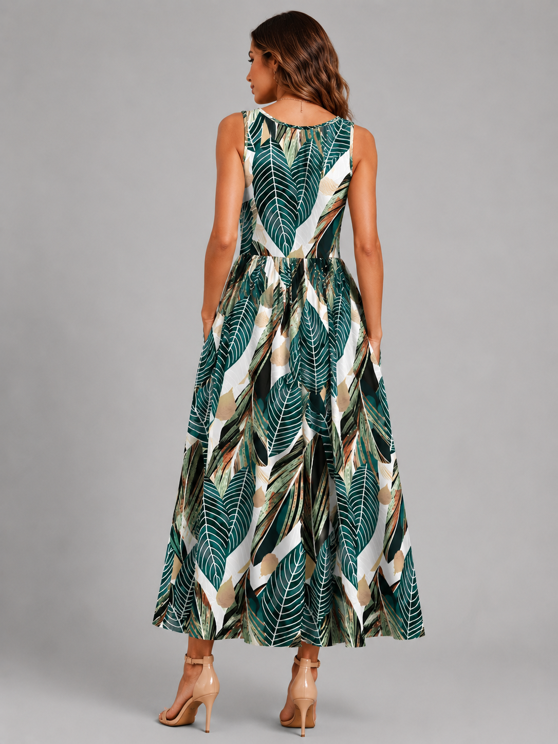 Franica | Robe maxi boho avec motif de feuilles tropicales