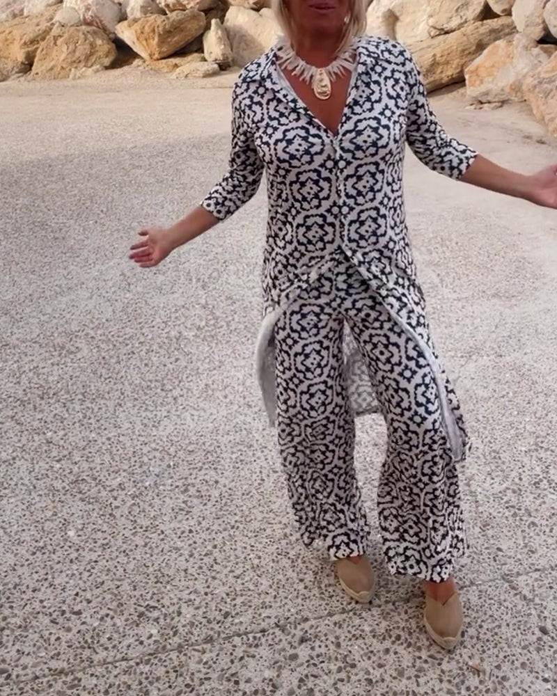 Mosa | Ensemble imprimé pour femmes, chemise longue et pantalon droit