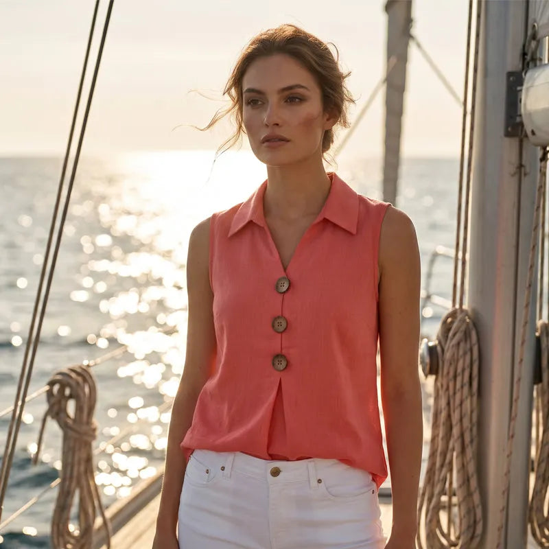 Chemise sans manches femme en coton avec boutons décoratifs