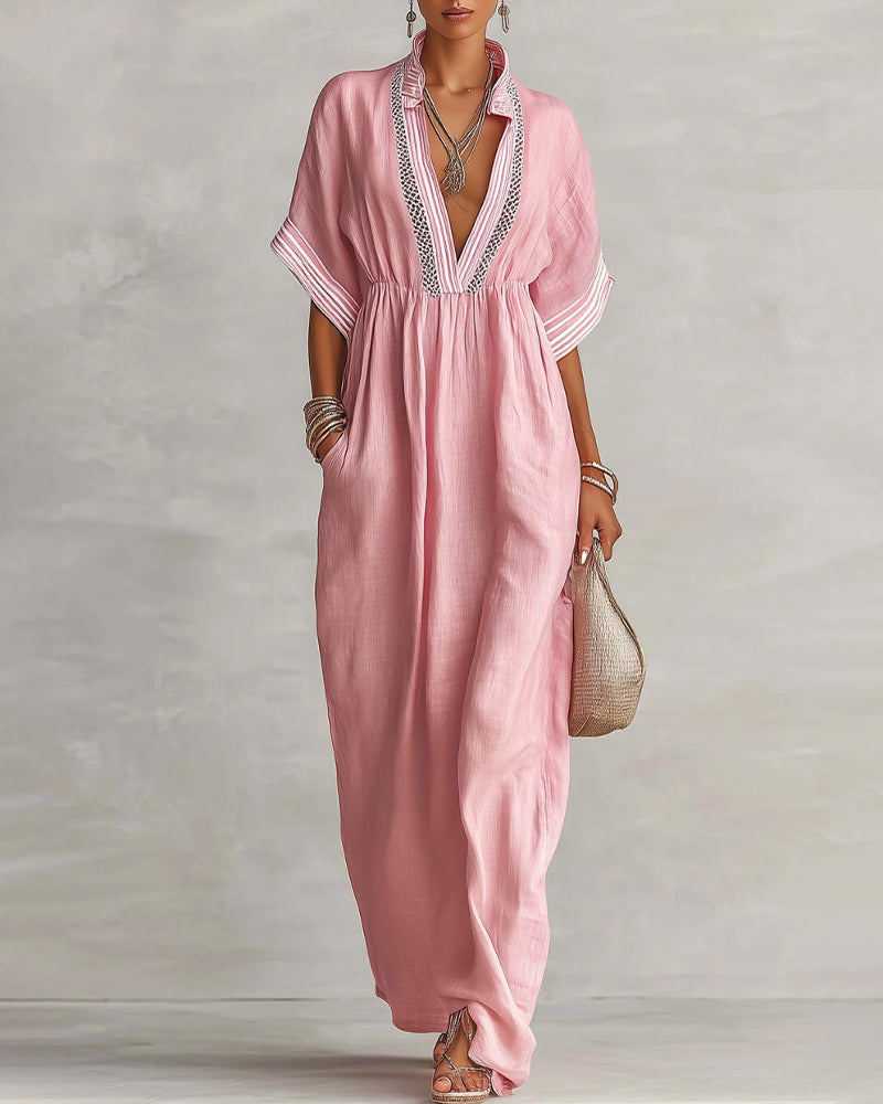 Robe Col En V Froncée Rayée Lâche