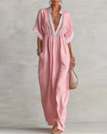 Robe Col En V Froncée Rayée Lâche