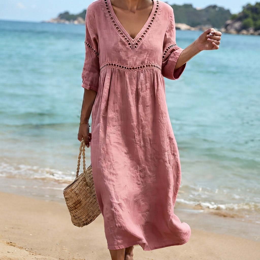 Robe Col En V Froncée Rayée Lâche