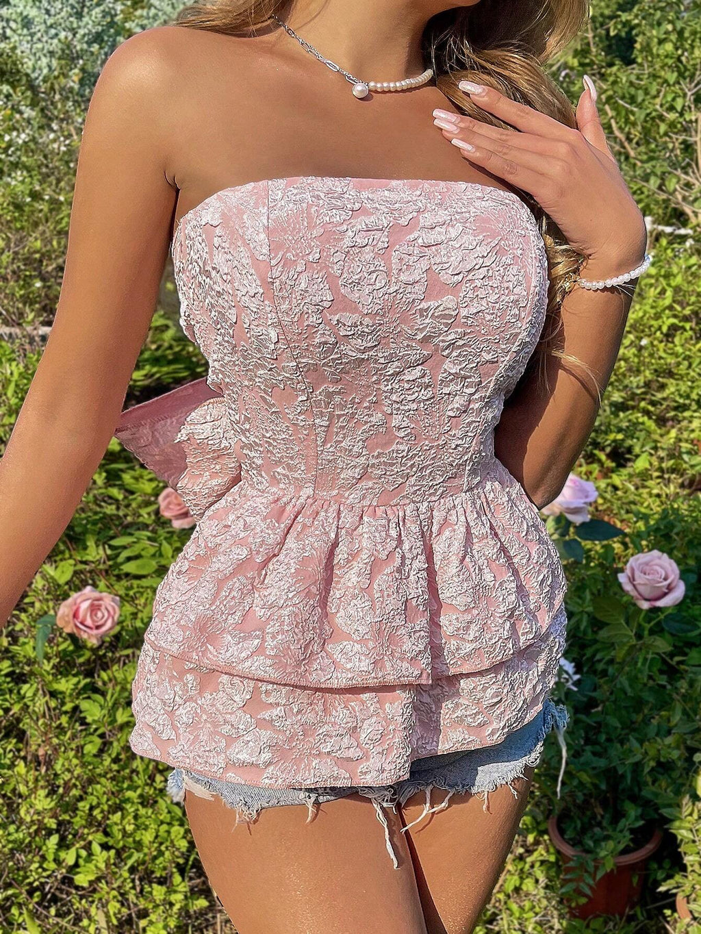Top Bandeau Avec Relief Floral Et Fermeture À Nouer Pour Femmes | Idéal Pour L’Été Et Les Journées Ensoleillées