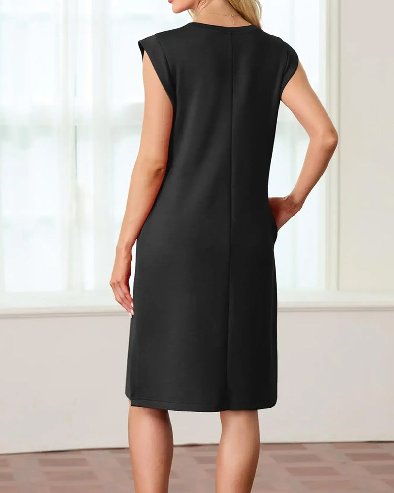Robe Col Rond Sans Manches Fente Uni