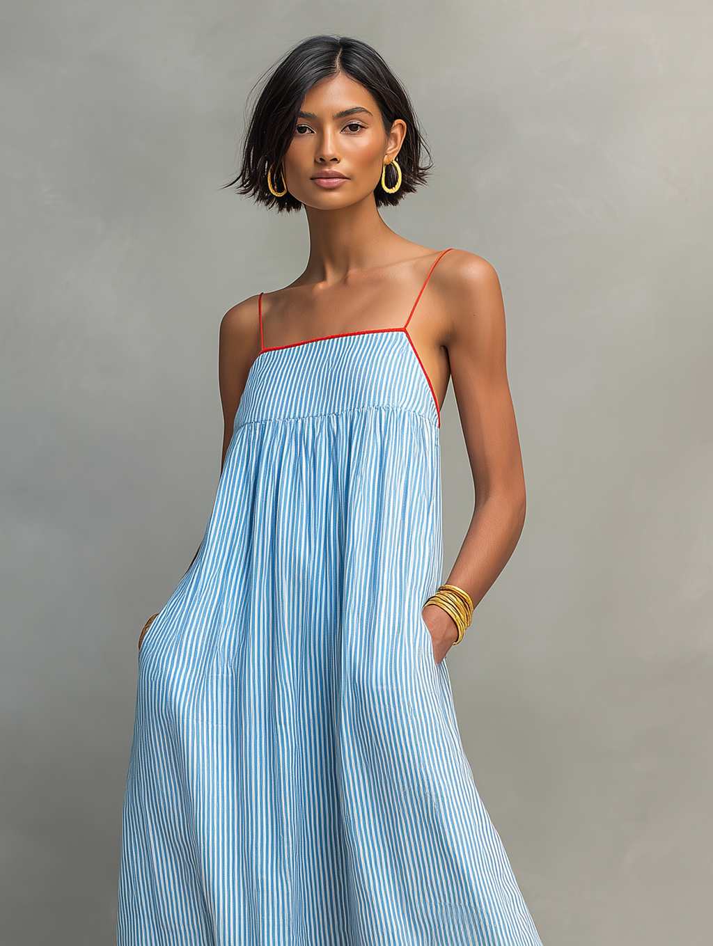 Robe maxi minimaliste à rayures pour femmes avec accents rouges et bretelles spaghetti