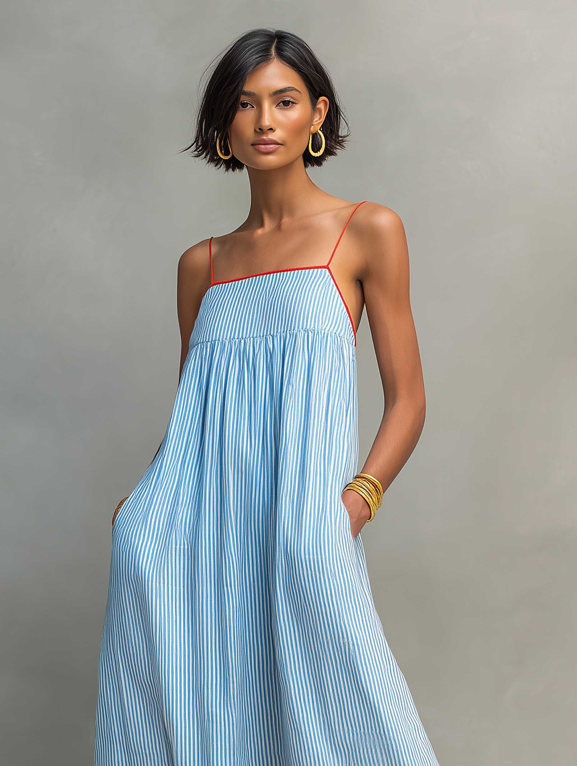 Robe maxi minimaliste à rayures pour femmes avec accents rouges et bretelles spaghetti