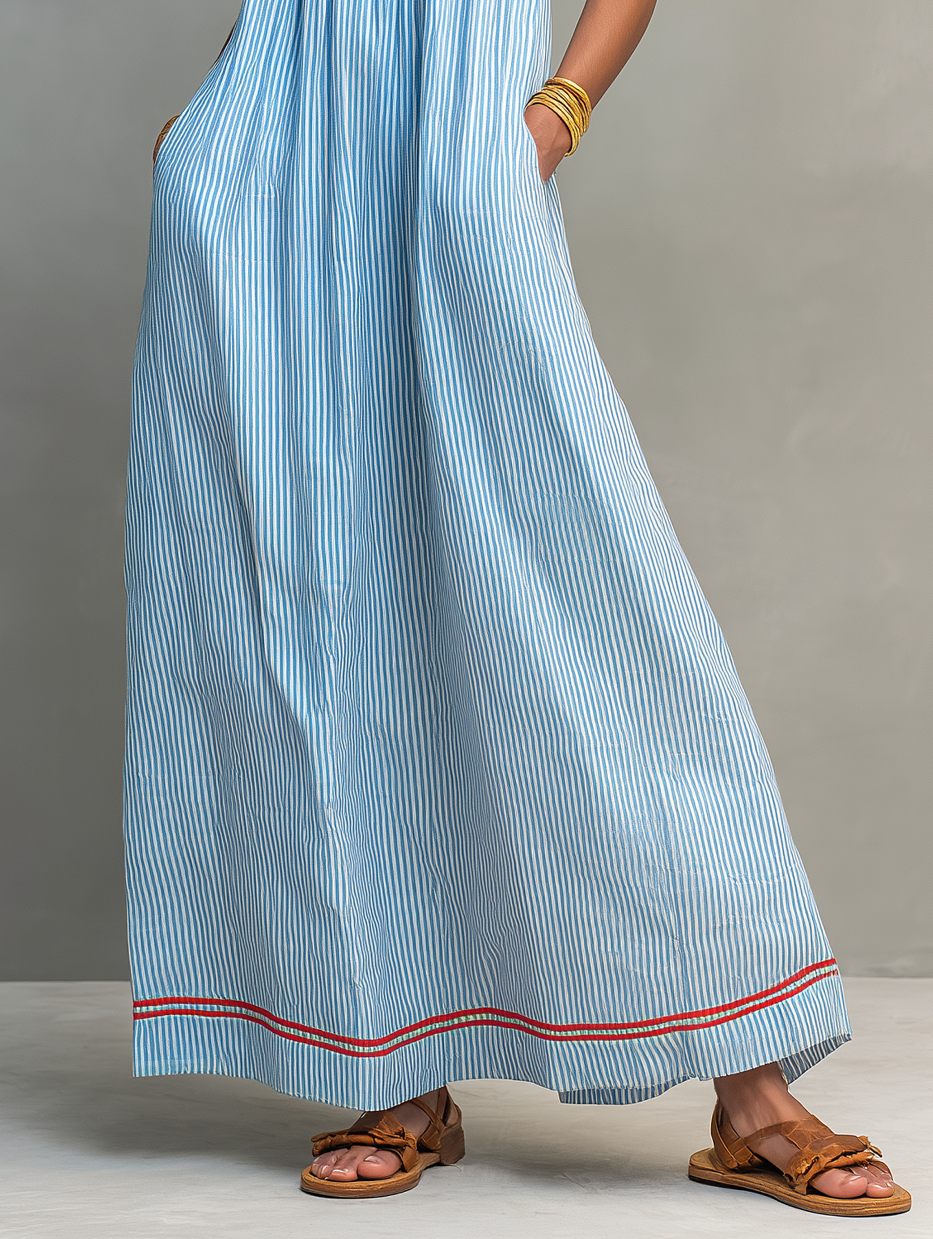 Robe maxi minimaliste à rayures pour femmes avec accents rouges et bretelles spaghetti