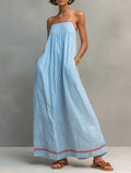 Robe maxi minimaliste à rayures pour femmes avec accents rouges et bretelles spaghetti