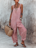 Jumpsuit minimaliste à rayures pour femmes avec décolleté carré, sans manches
