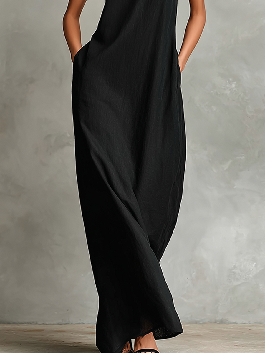 Robe maxi noire pour femmes avec col montant et poches latérales, robe décontractée intemporelle et minimaliste