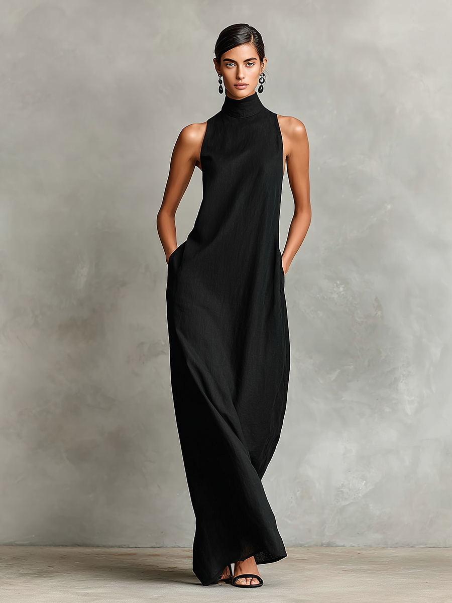 Robe maxi noire pour femmes avec col montant et poches latérales, robe décontractée intemporelle et minimaliste