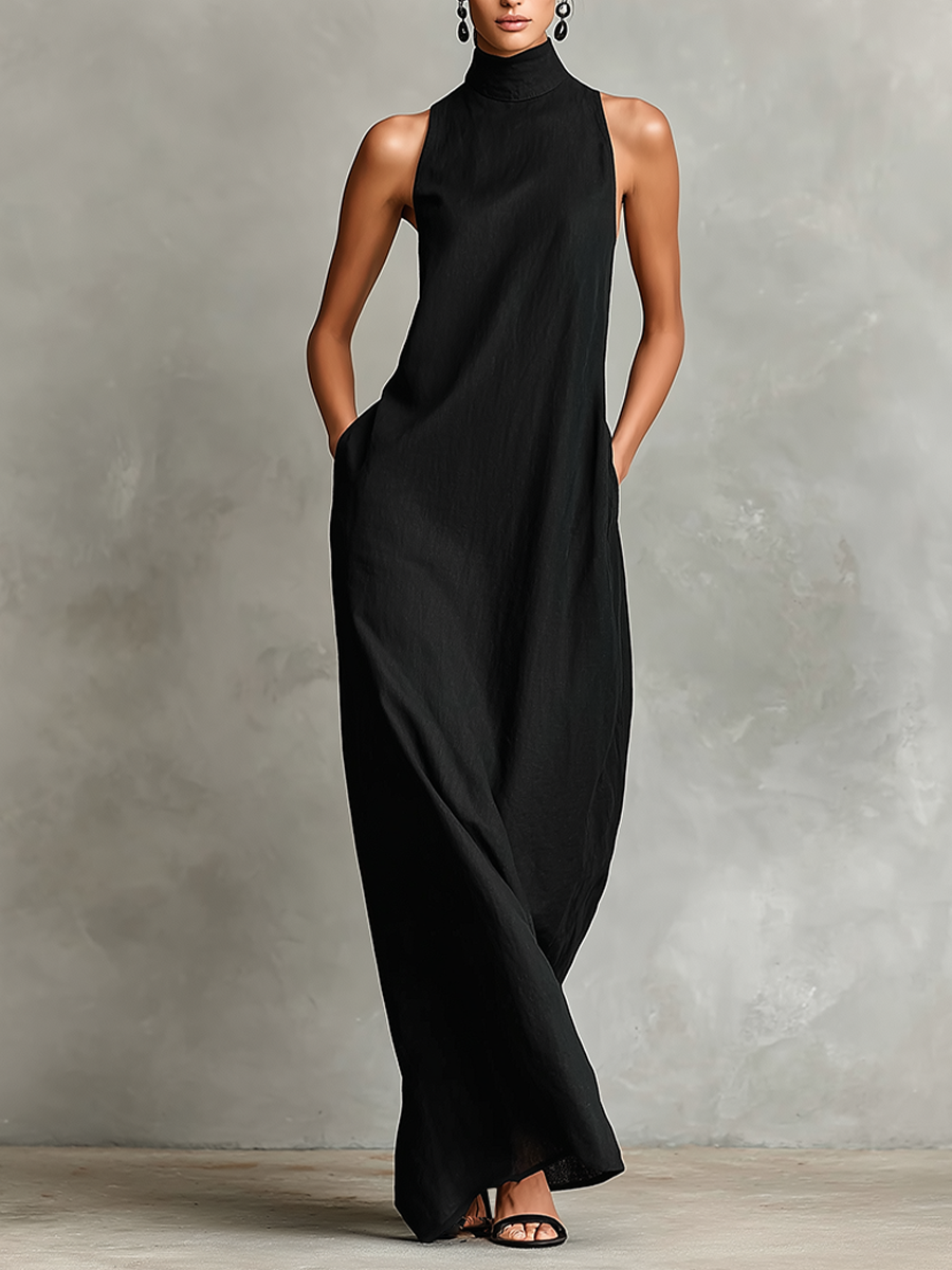 Robe maxi noire pour femmes avec col montant et poches latérales, robe décontractée intemporelle et minimaliste