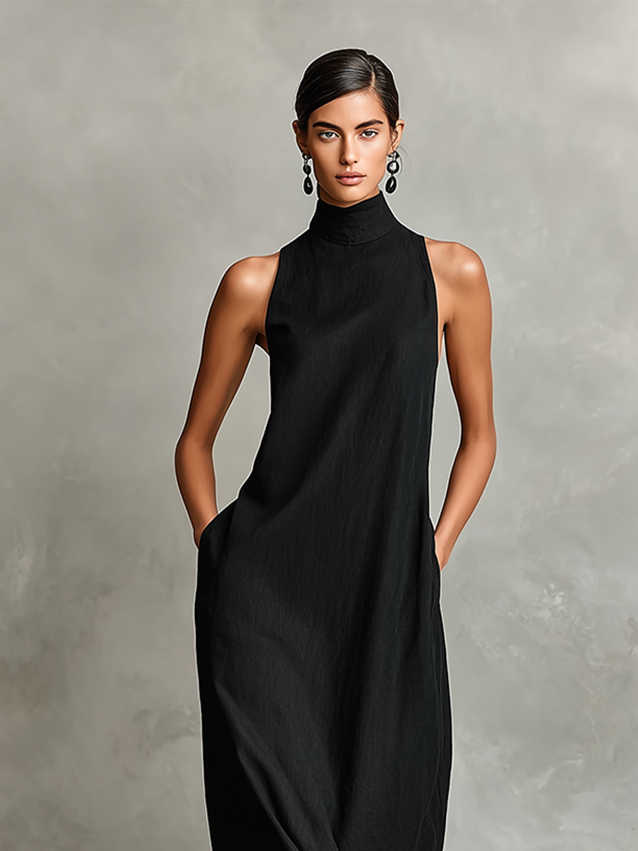 Robe maxi noire pour femmes avec col montant et poches latérales, robe décontractée intemporelle et minimaliste