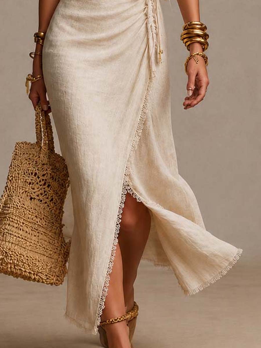 Pohanna | Robe midi portefeuille fluide avec dentelle