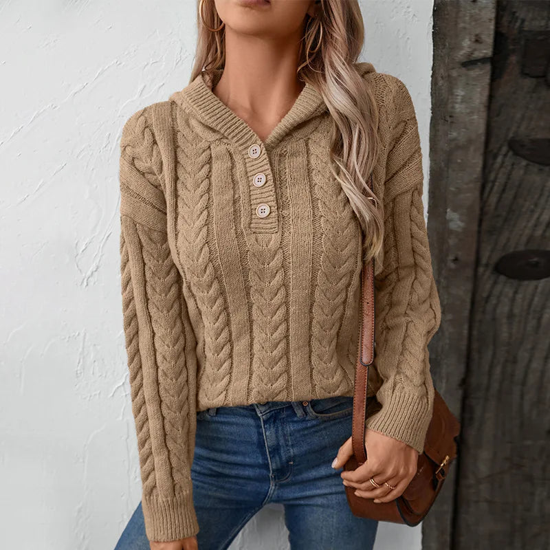 Hoodie en Tricot Femme | Motif en V et Décolleté Boutonné