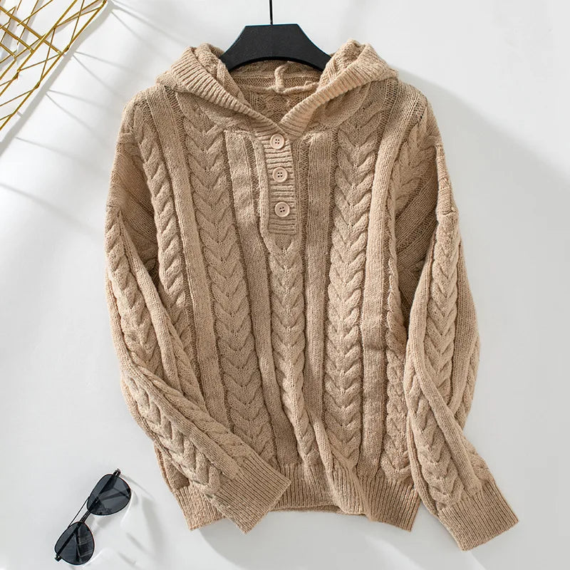 Hoodie en Tricot Femme | Motif en V et Décolleté Boutonné