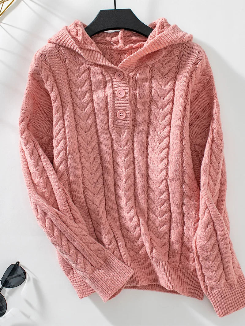 Hoodie en Tricot Femme | Motif en V et Décolleté Boutonné