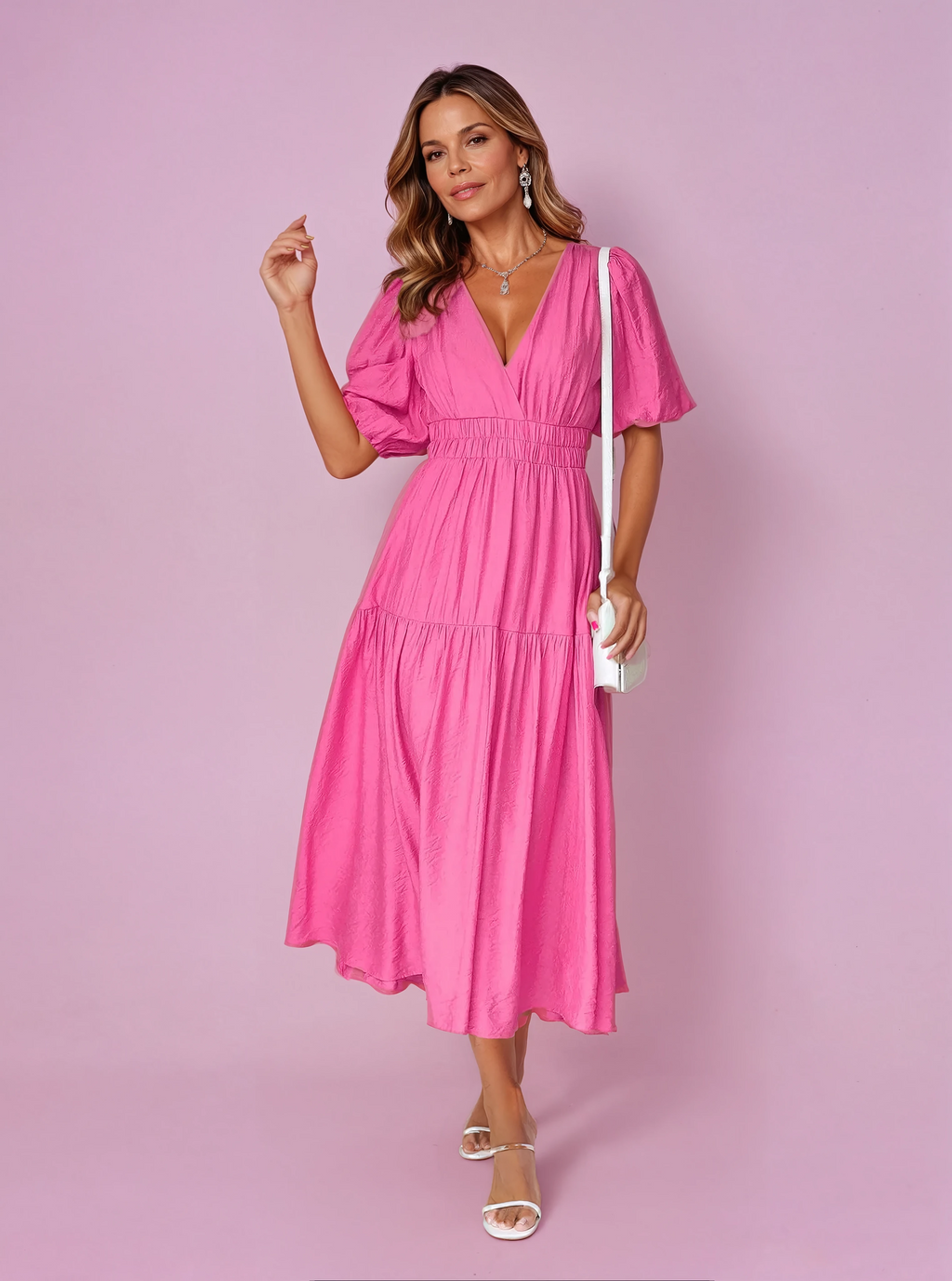 Robe Cocktail Midi Femme | Col V Froncé