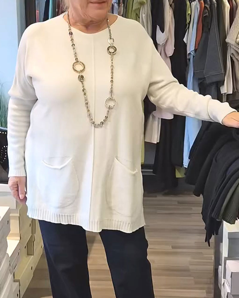 Pull à col rond, couleur unie, avec poche, ample