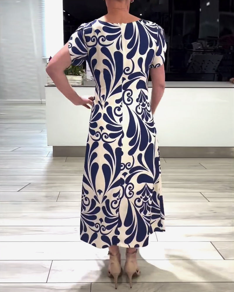 Robe élégante à imprimé contrasté à manches courtes