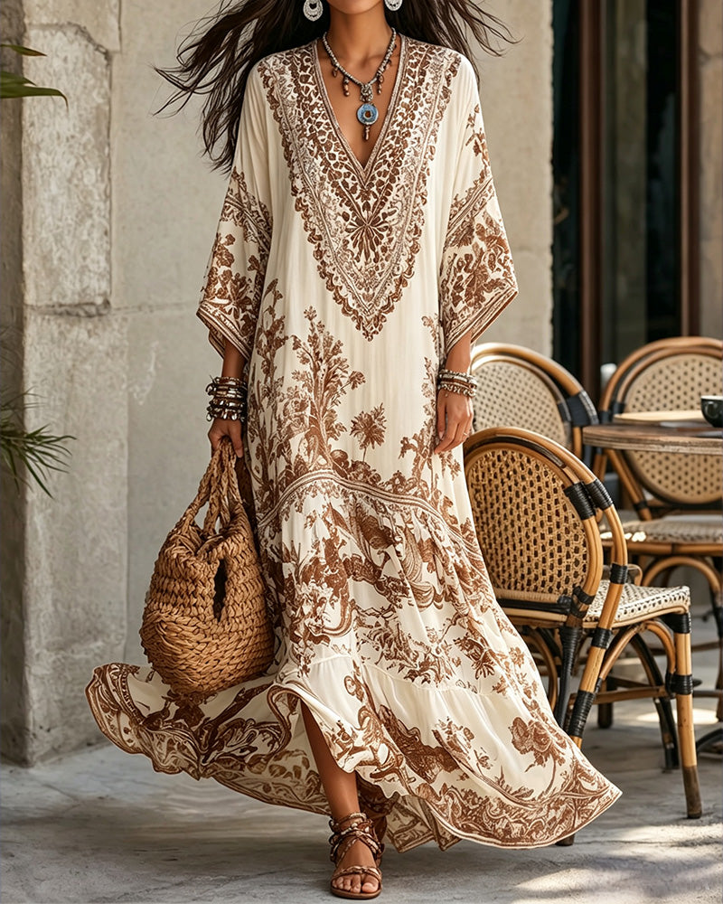 Robe Col En V Bohémienne Évasée Asymétrique