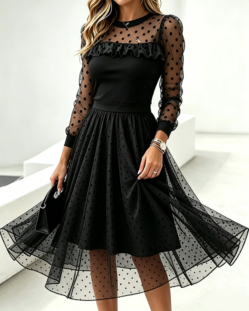 Robe Col Rond Dentelle À Pois Panneautée
