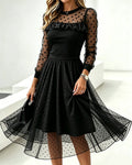 Robe Col Rond Dentelle À Pois Panneautée