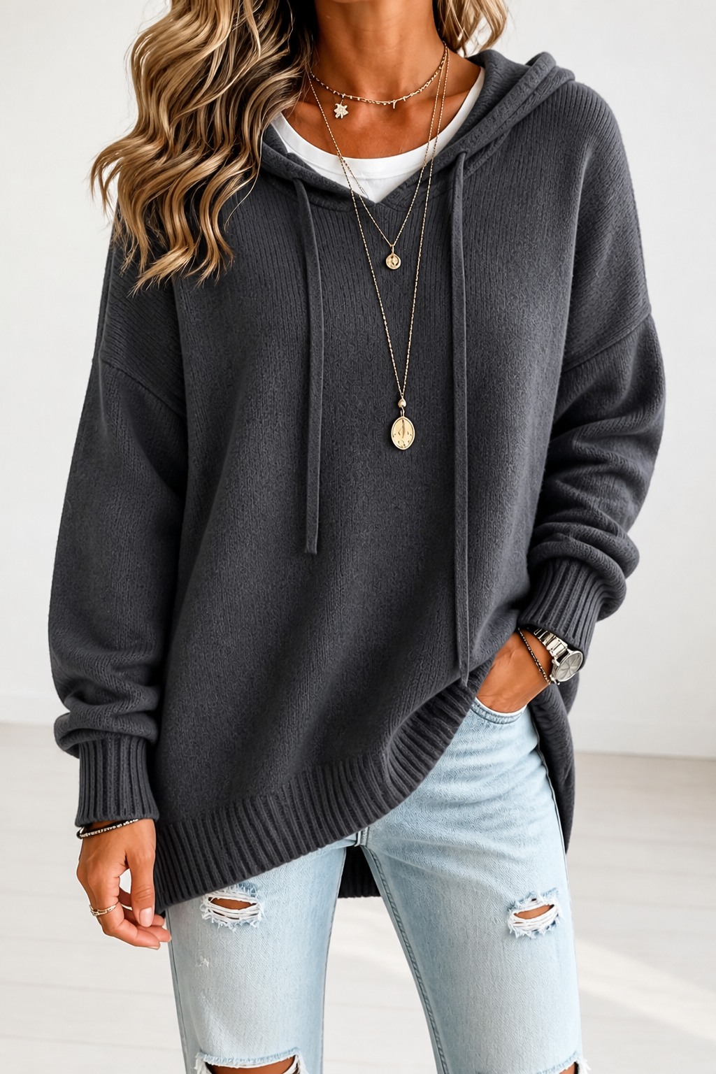 Alina | Pull en tricot oversize moderne et décontracté avec capuche