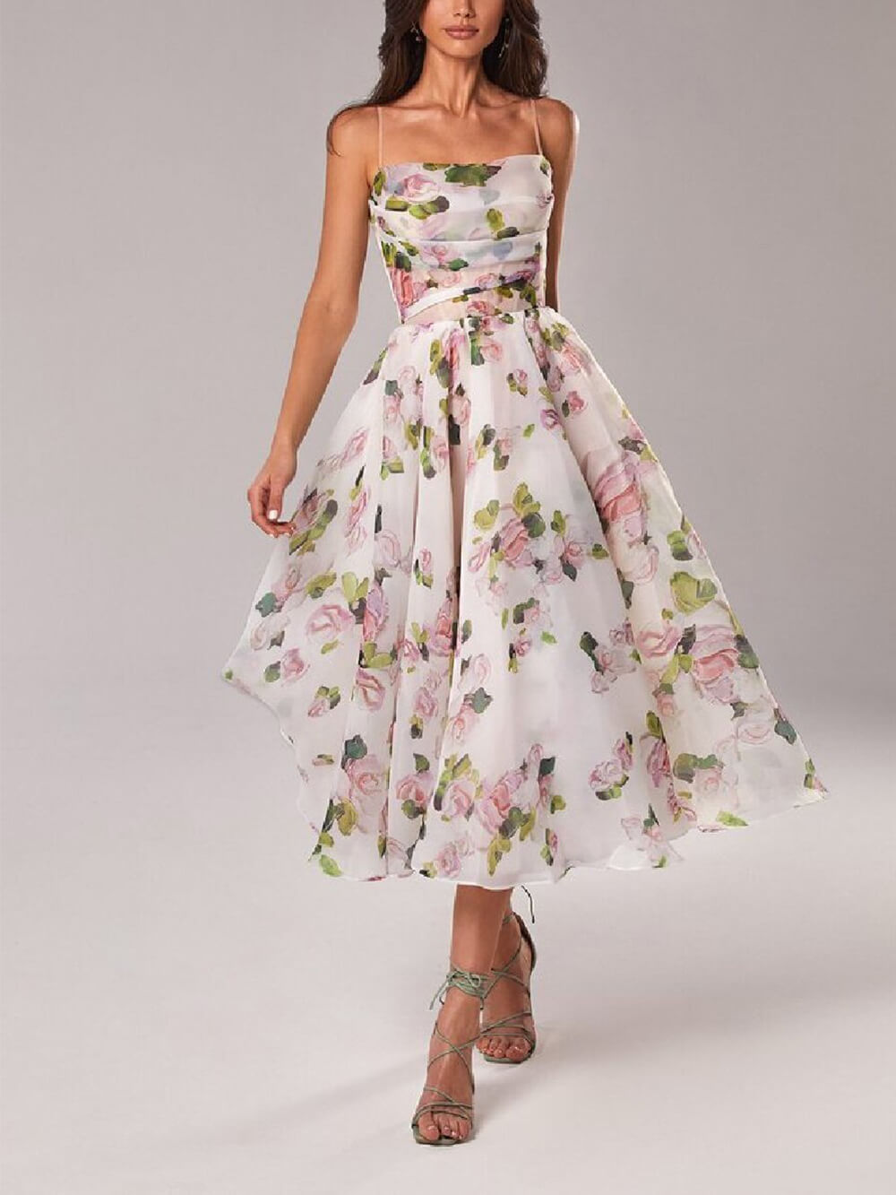 Rosie | Robe Midi A-Ligne à Fleurs pour Femmes avec Bretelles Spaghetti