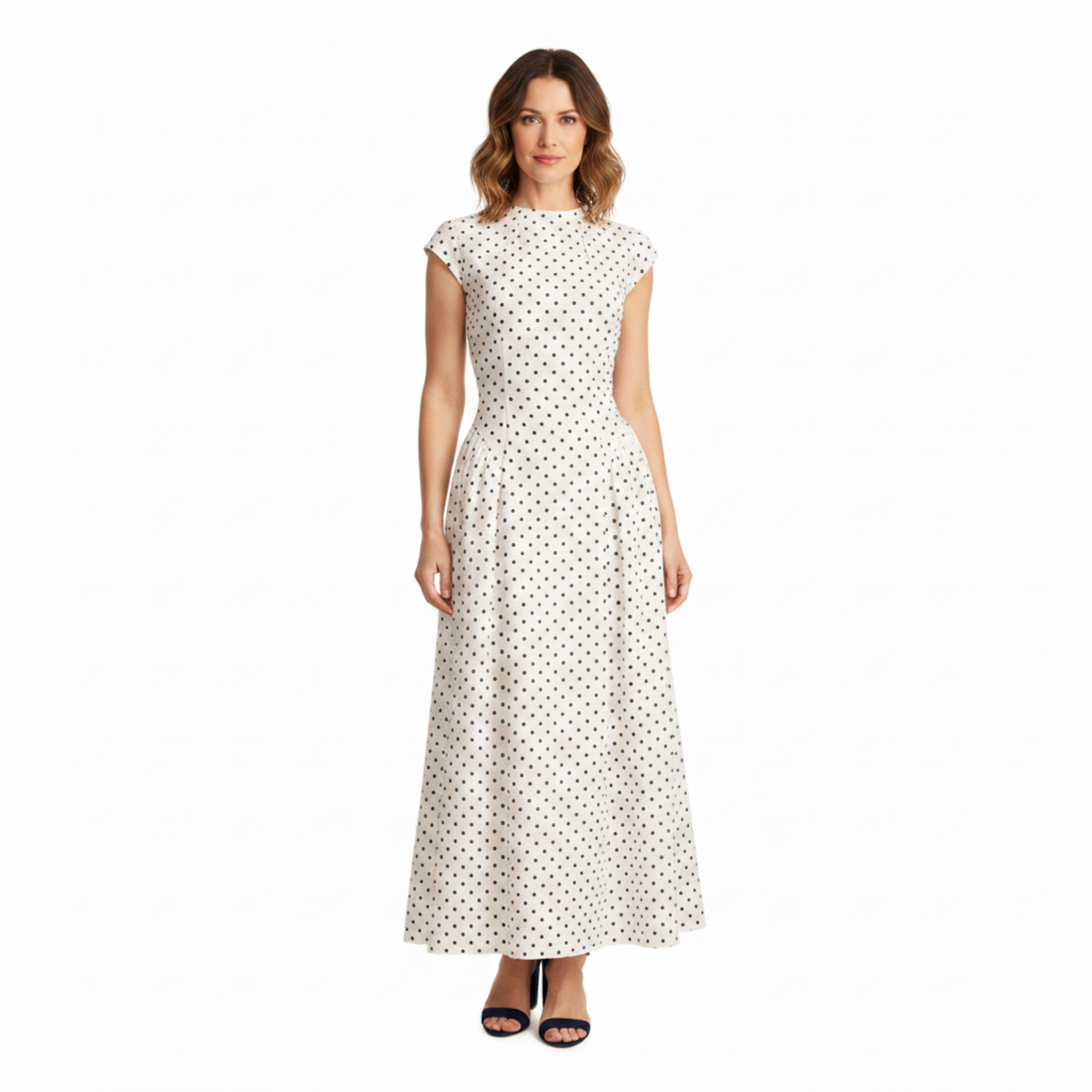 Robe Longue à Pois pour Femme avec Col Rond et Jupe Évasée Coupe Ajustée