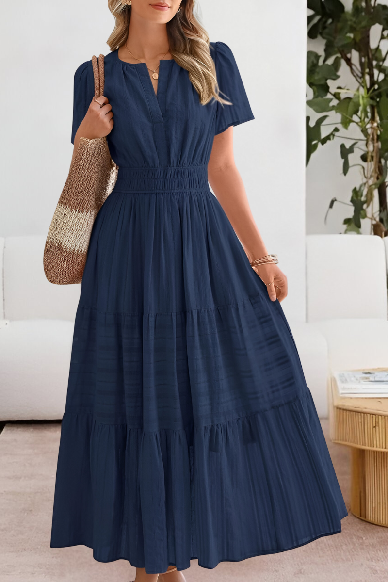 Robe Midi Boho pour Femmes | Manches Courtes Froncées
