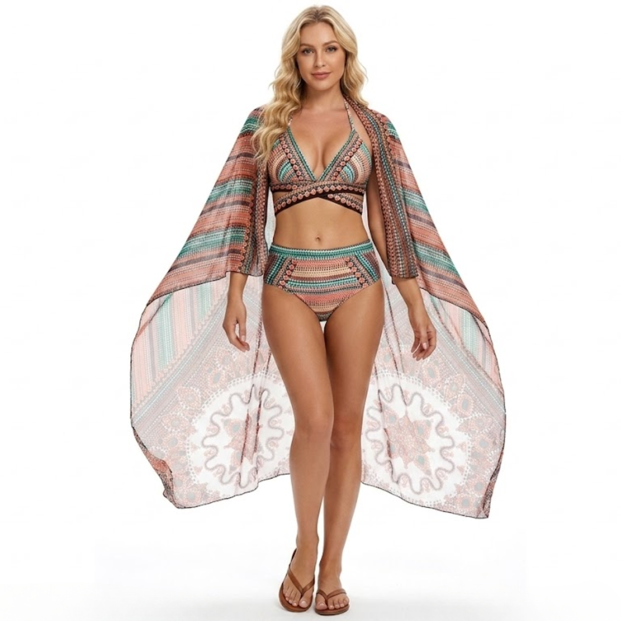 Bikini Taille Haute 3 Pièces avec Haut Triangle Halter et Kimono de Plage