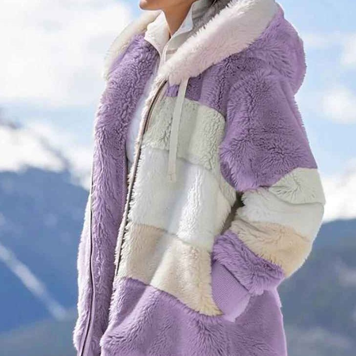 Veste d'hiver en Teddy pour Femme avec Capuche et Blocs de Couleur