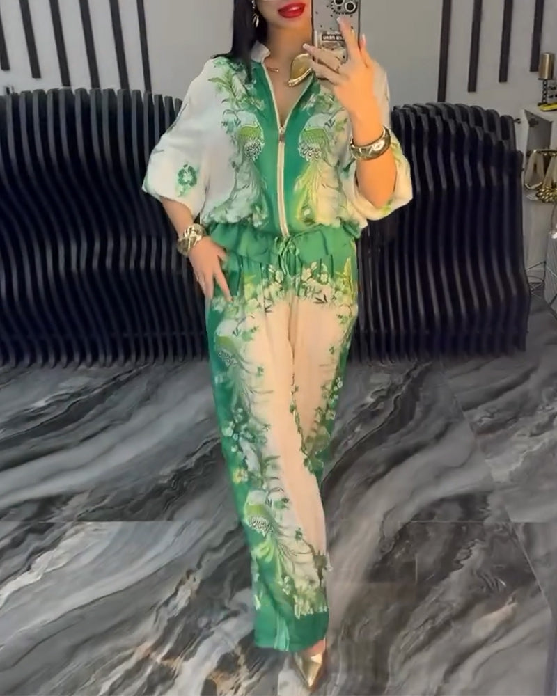 Costume à col montant et fermeture éclair avec jambes larges