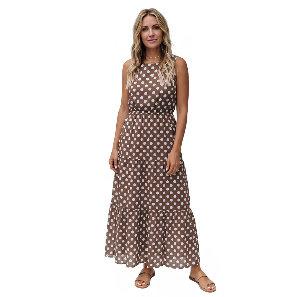 Robe à Pois sans Manches Coupe Midi Évasée et Col Rond pour Femme
