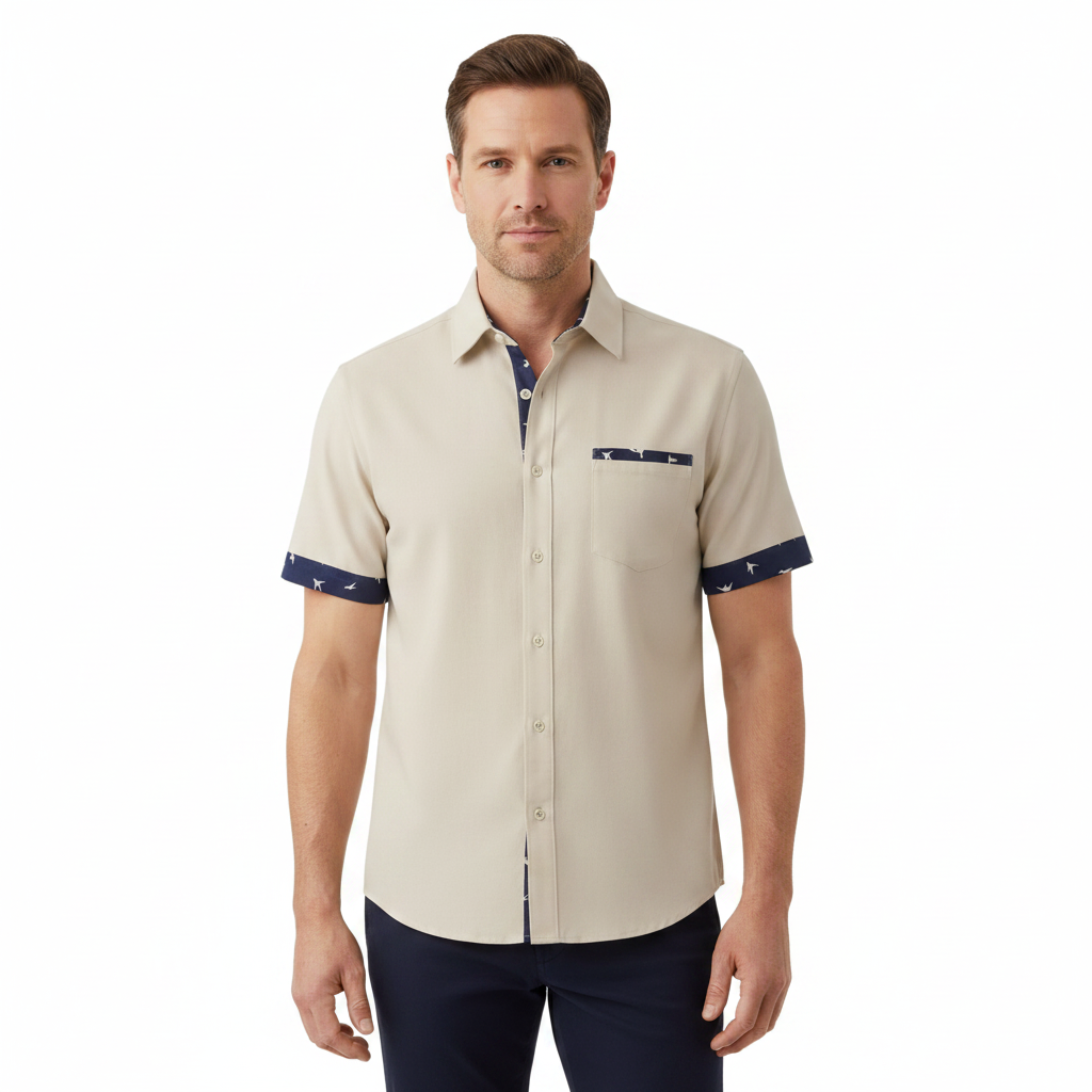 Chemise à Manches Courtes pour Homme avec Col Classique et Bordures Imprimées