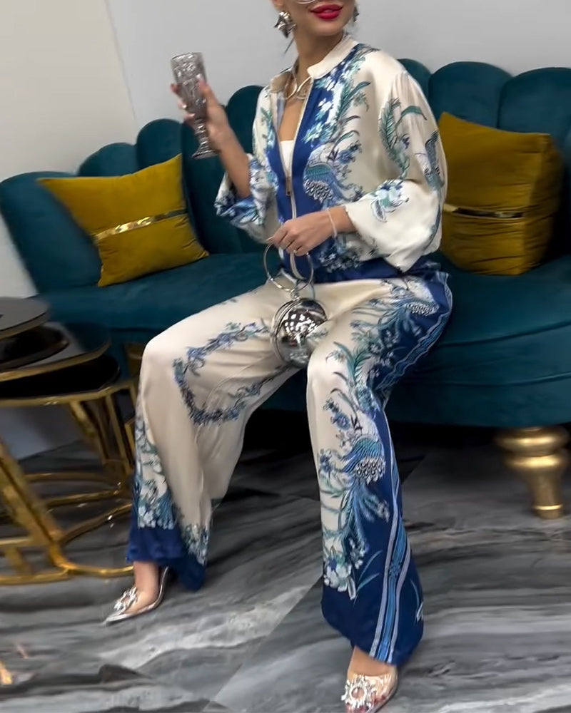 Costume à col montant et fermeture éclair avec jambes larges